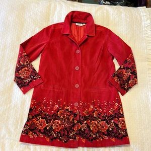 Denim & Company, D & Co. lightweight Corduroy Red Floral Coat, EUC, siz…
